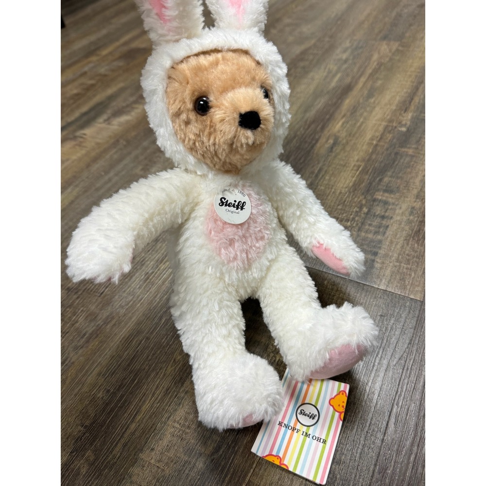 Steiff Teddy Bear in Easter Bunny Costume White Brown Hase Plush 114052 Tag - Picture 4 of 11